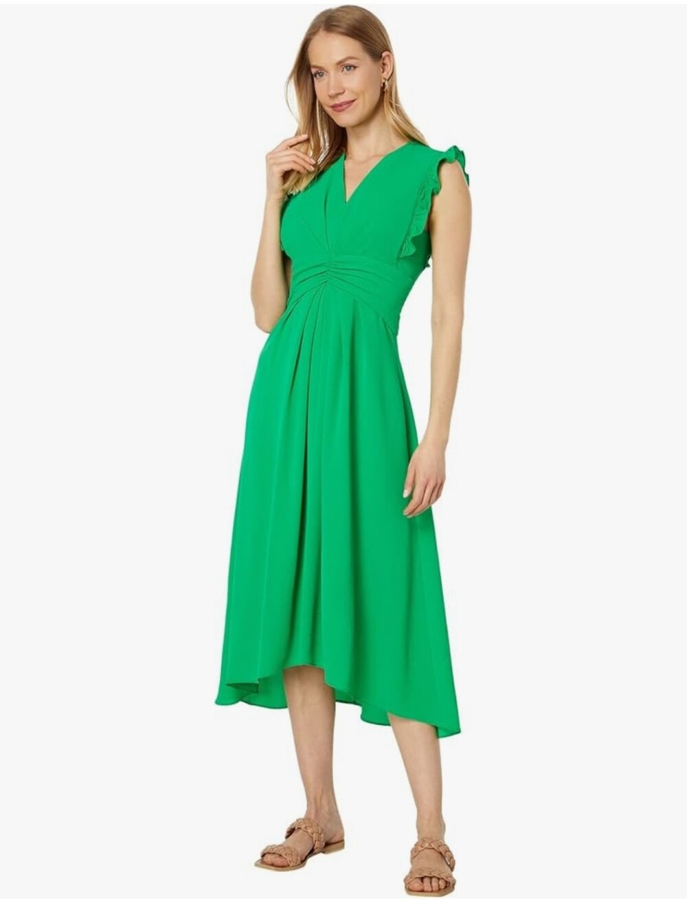 New!Maggie London Green V-Neck Ruffle Midi Hi-Lo Gathered Waist Sleeveless Dress